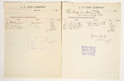 Famous Nevadans' Bank Deposit Slips - J.S. Cain Co. / Bodie, CA [199429]