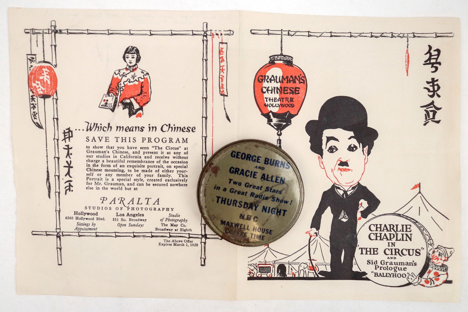 Chaplin Grauman Program & Burns & Allen Coffee Lid [194681]: A printed program for the premier of Charles Chaplin's "The Circus" (1928) and a Maxwell House Coffee jar lid, advertising the George Burns and Gracie Allen radio program (1932-1942). The Chaplin prog