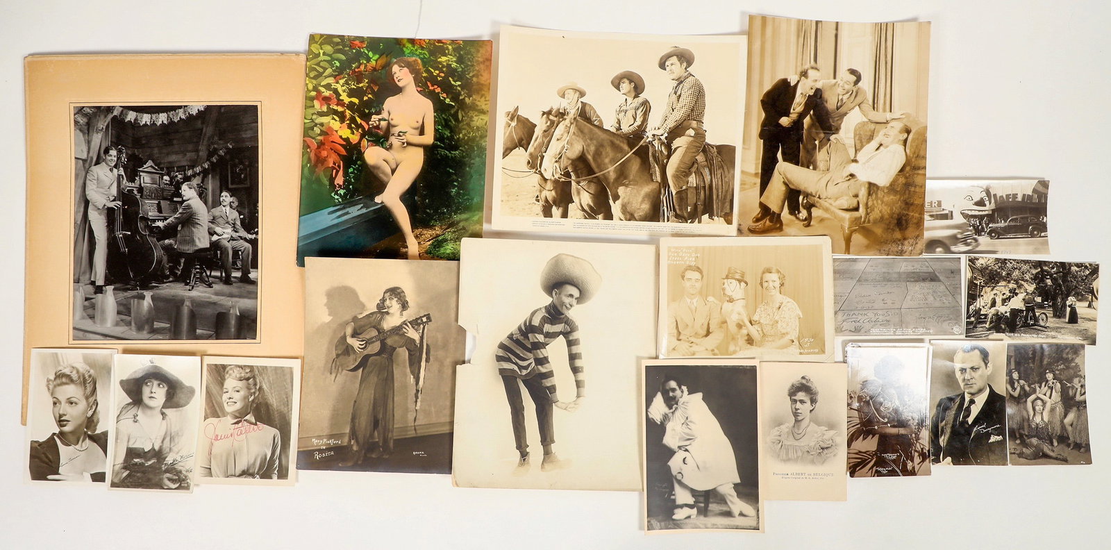 Hollywood Photograph Group [197717]: Lot of 18. Includes 8 postcards (seven real photo). Photos are 5 x 4" up to 8 x 10" Mary Pickford, Dodge City, Grauman's Chinese Theater, Lana Turner, Mable Norma, and more. Please inspect.^Date: Coun