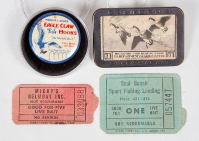 Vintage Eagle Claw Ad Pin Back, Bait Tickets And Hunting License [183541]