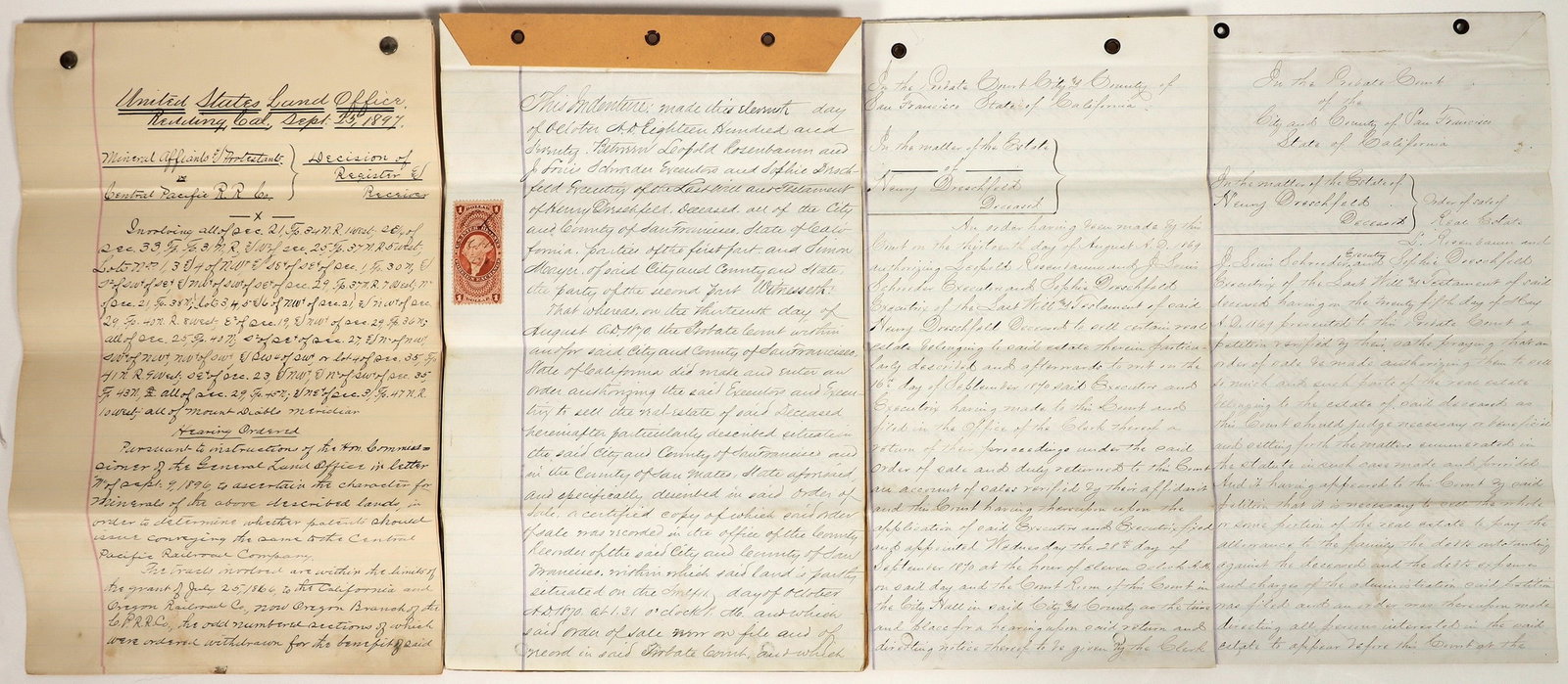 San Francisco Land Property Documents, Dreschfeld Family, Plus CPPR [197628]: Lot of 4. 1-3) Three are documents related to the estate of Henry Dreschfeld, who is listed in the 1865 SF directory as a notary public, money and real estate agent with London & Lancashire Fire Insur