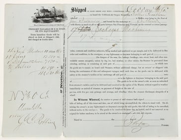 Treasure Ship: California and Oregon Steamship Brother Jonathan, 1864 Bill of Lading [202703]