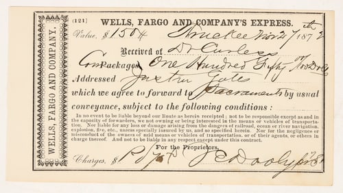 Truckee 1872 Wells Fargo Receipt from Dr. Curless (Truckee Druggist) [202453]