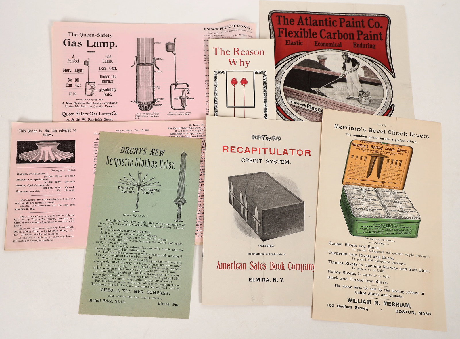 Pictorial Advertising Early 1900s (20) [192980]: Advertising print pieces from the early 1900s.. include The Queen safety gas Lamp Company (Multiple), The American Sales Book Company, The Atlantic Paint Company and Merriam's Bevel Clinch Rivet Compa