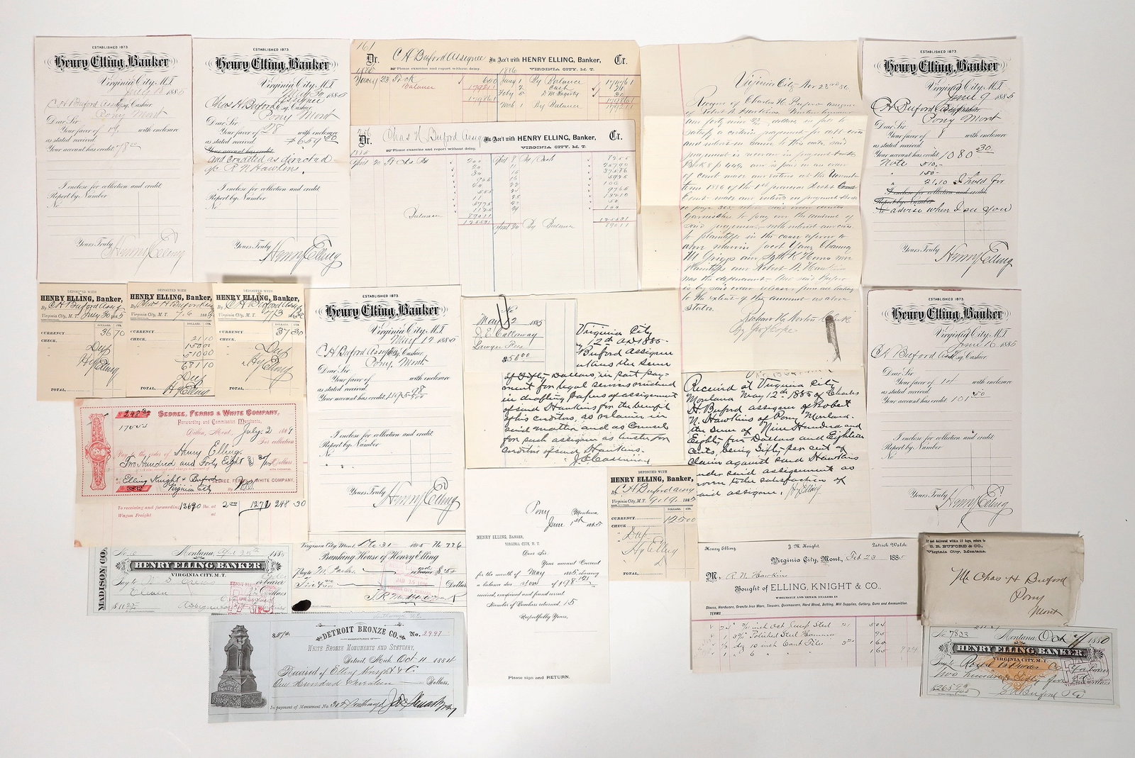 Henry Elling Ephemera Group [194081]: Assorted 1880's-1895 Henry Elling ephemera. 4pp letter regarding a bill, 1886 debt judgement letter, checks, balance due sheet, receipts, ledger sheets etc.^Date: Country (if not USA): State: MontanaC