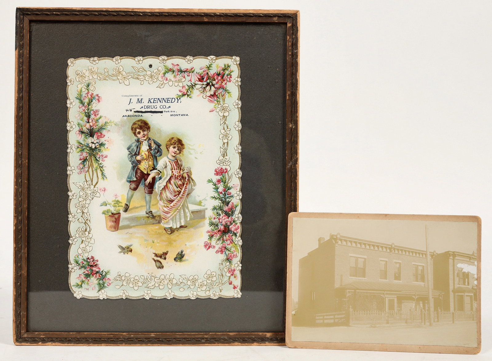 Montana Drug Diecut & Cabinet Card [197572]: Lot of 2. 1) Framed diecut for JM Kennedy Drug Co., Anaconda, Montana. 9 x 6.5" in 12.5 x 10.5" frame. Kennedy operated at this address from 1899-1906. 2) Cabinet card of unidentified building. Revers
