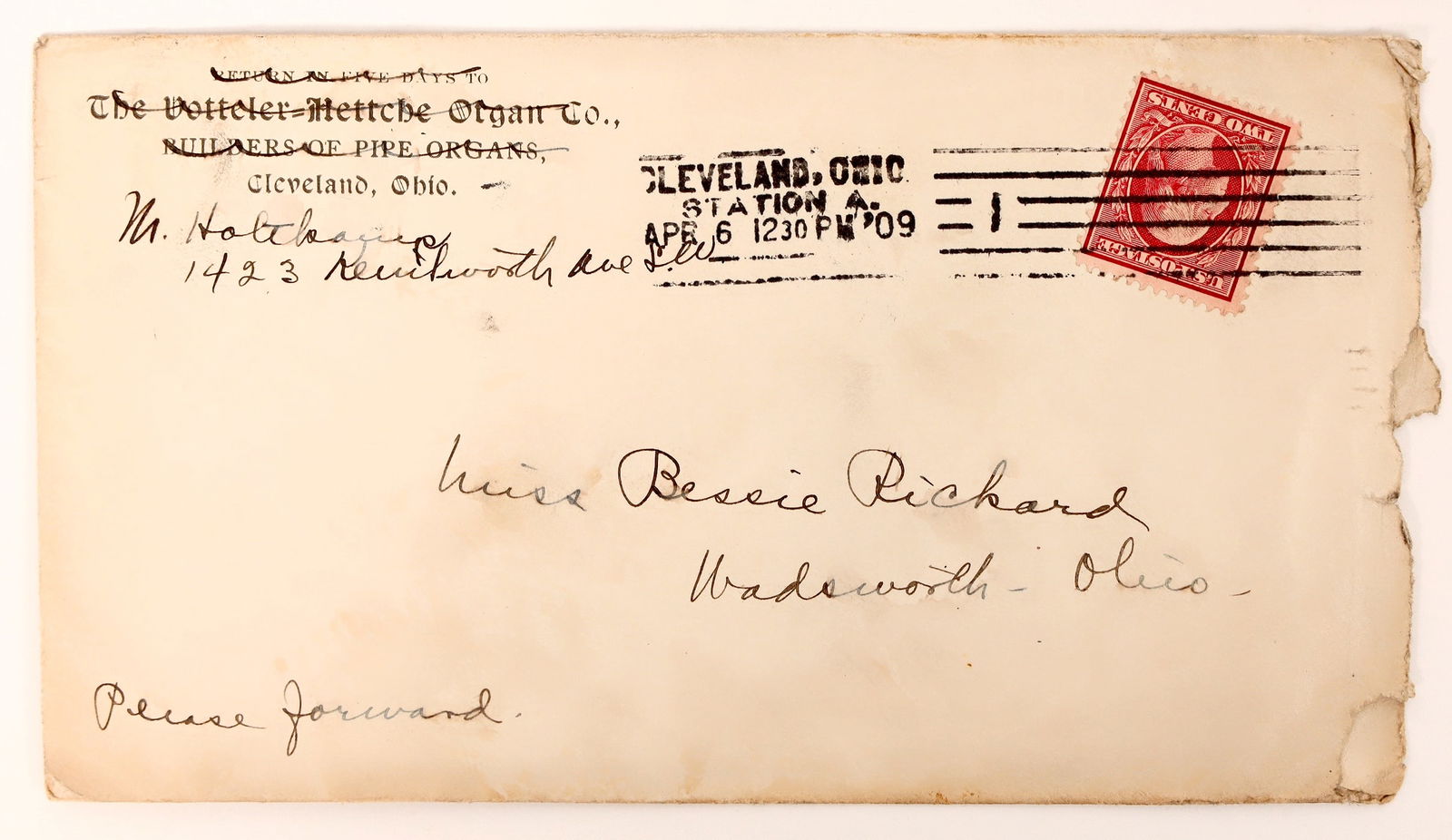 Letter from Votteler-Hetche Organ Co. 1909 [188035]: 1909 letter from Cleveland, Ohio citizen at Votteler-Hetche Organ Company asking after a piece of music. Votteler-Hetche, now known as Holtkamp Organ Company, was founded in 1855 and is still operatin