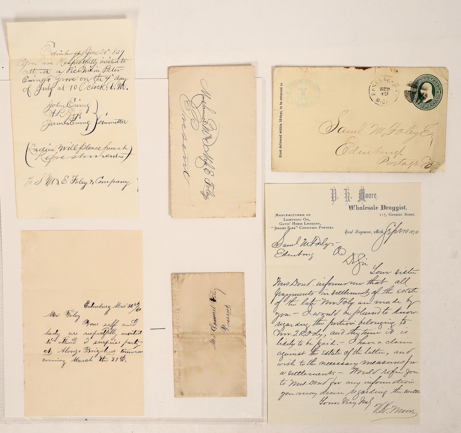 Correspondence, Michigan, Ohio, c1859-70 (3) [189635]: Correspondence, to Samuel M. Foley, Edinburgh, Ohio, c1859-70 (3) with covers. Includes: V.K. Moore, druggist letterhead, East Saginaw, Michigan, c1870; 1860 invitation to a surprise party; and 1859 i