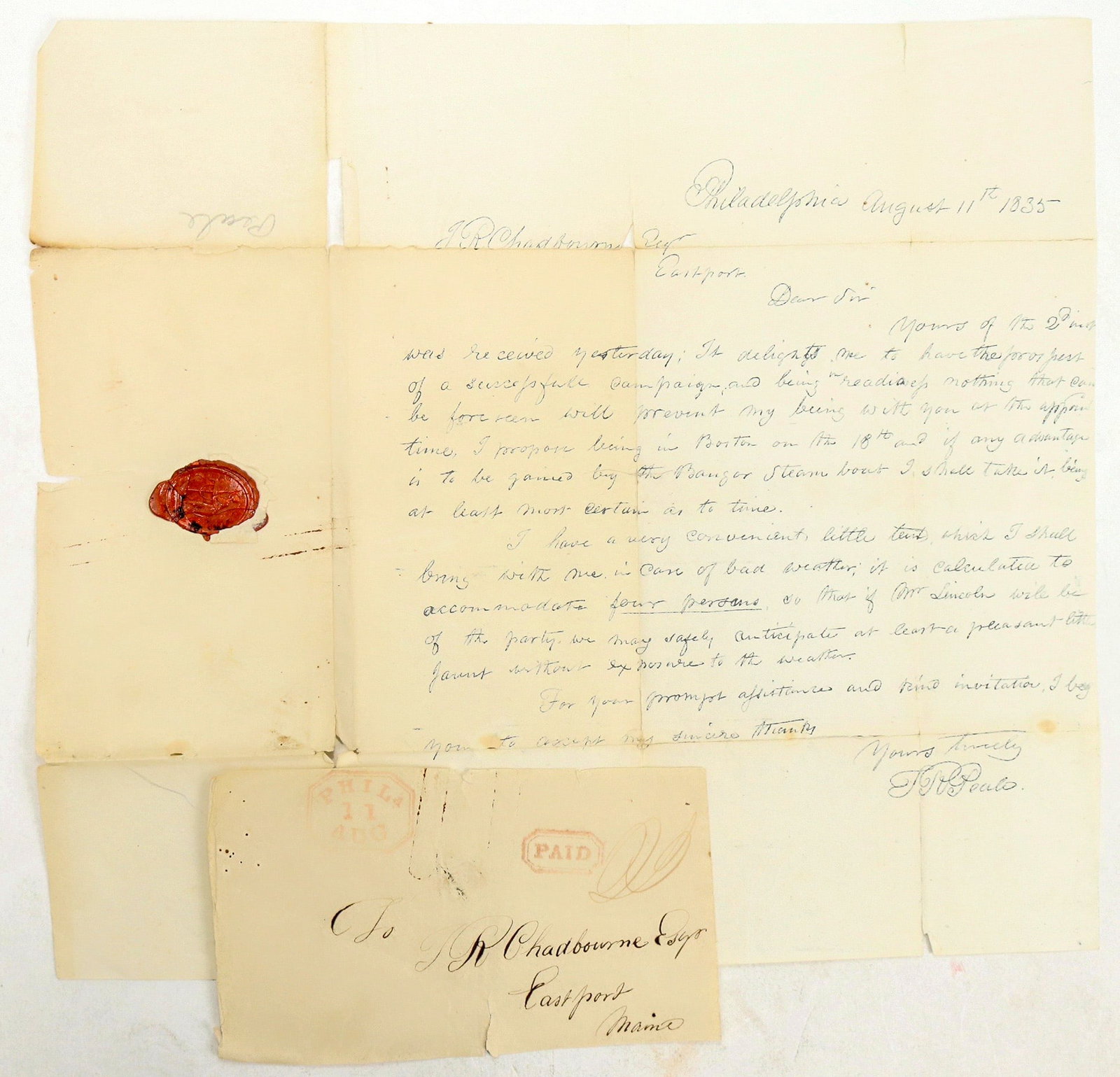 Letter from 1835 Philadelphia Mentions Lincoln [194761]: FH says the story here is totally bogus, an example of a lack of research by dealers. This 1835 handwritten letter from F.R. Peale to J. R. Chadbourne, Esq., Eastport, Maine mentions "Mr. Lincoln" but