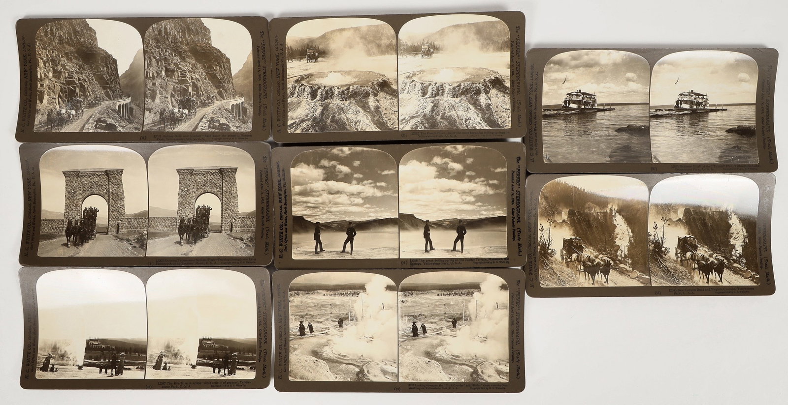 Yellowstone Stereoview Group (8 Different) [202164]: Lot of 8 different stereoviews by HC White Company, 1904. Includes: stage on New Canyon Road, Steamer Zillah on Yellowstone Lake, geysers such as Jupiter Terrace, Punch Bowl, Bee Hive, stagecoach comi