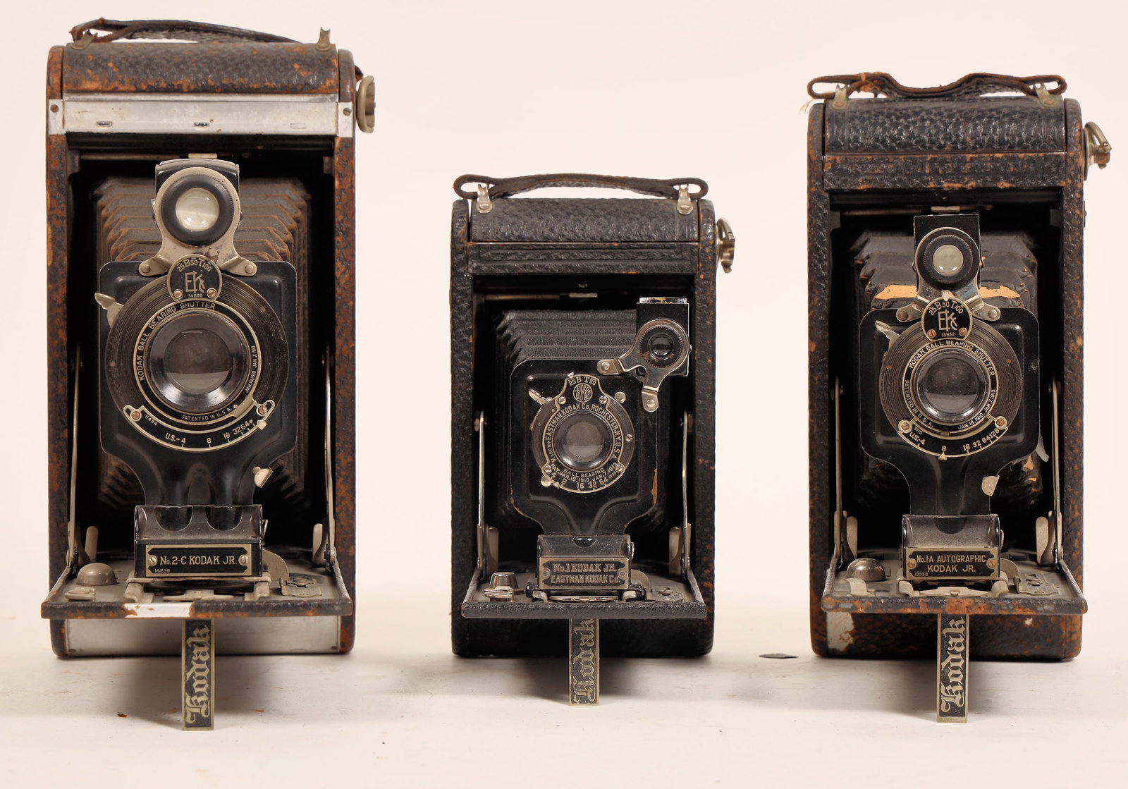 Kodak 1a Jr, #1 Jr., 2c Jr. [185433]: 3 different Koday. 1a Jr. with some leather loss, #1 Jr. 2c Jr. with some leather loss. Not tested.^Date: Country (if not USA): State: City: Provenance: