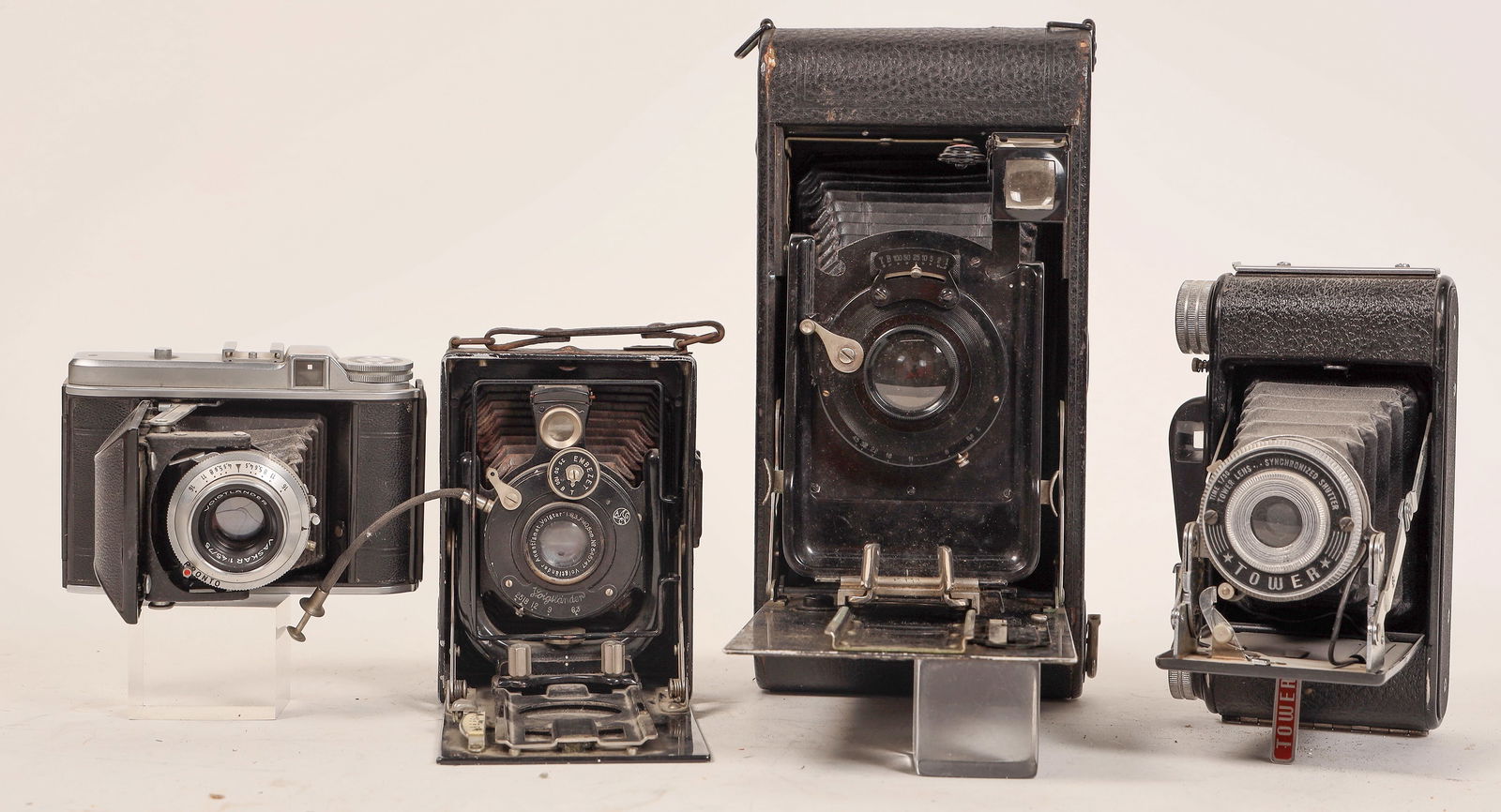 VOIGTLANDER CAMERAS, 4 DIFFERENT [185538]: 4 different Voigtlander cameras. Perkeo, Tower, 2 unmarked models. Some or all rebranded by Sears. Not Tested.^Date: Country (if not USA): State: City: Provenance: