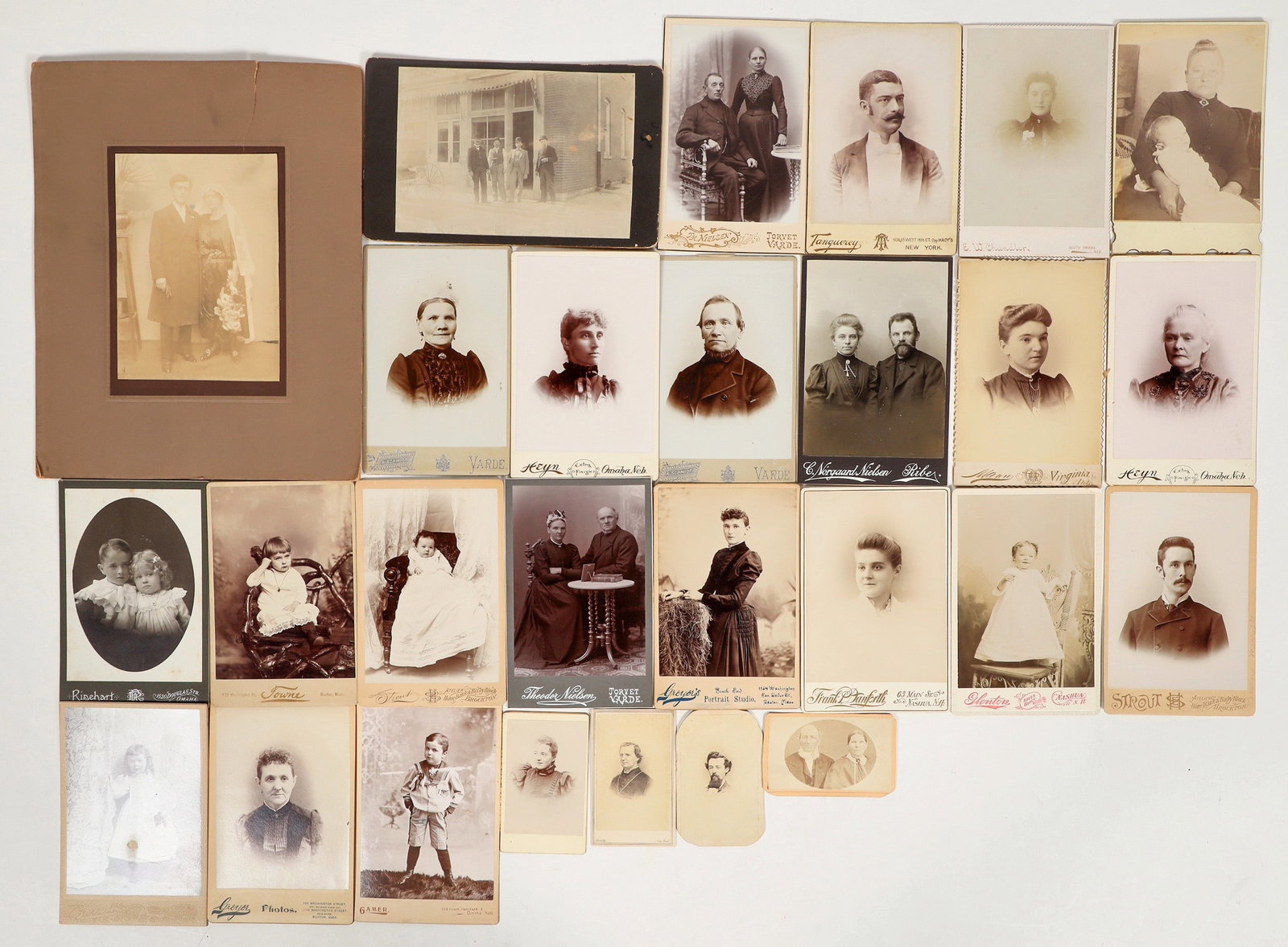 19th Century Portraits (~30) [200400]: Collection of misc 19th century portraits featuring people of all ages. Several examples of serious faces, though there are some very pleasant smiles. The majority are 4x5.5" mounted onto 4.25x6.5" ca