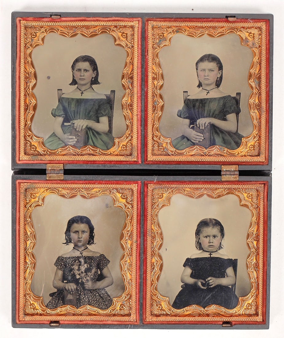 Tintypes of Girl in Case (4), c1856-60 [191588]: XRARE set of 4 - 1/6th plate tintypes of a young girl in a hard shell wooden case, c1856-60. Each photograph is approximately 2.5" x 3". Appears to be the same girl at different ages, with enhanced ro