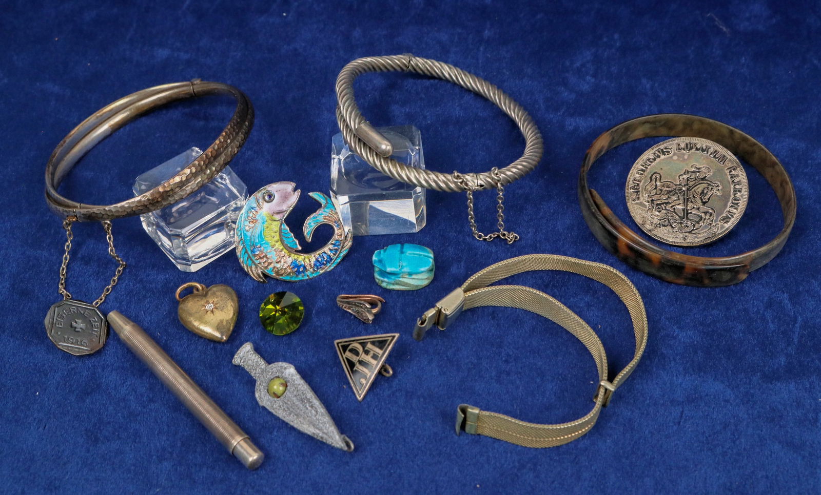 Jewelry Grab Bag [124981]: Misc. items: 3 bracelets--2 silver, 1 plastic. 4 pins; other items. Please see photo.^Date: Country (if not USA): State: City: Provenance: