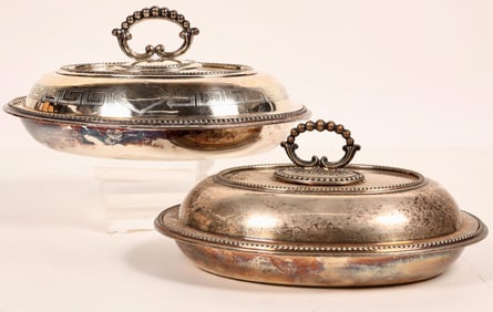 Silver Plate Lidded Oval Serving Bowl Pair [183199]