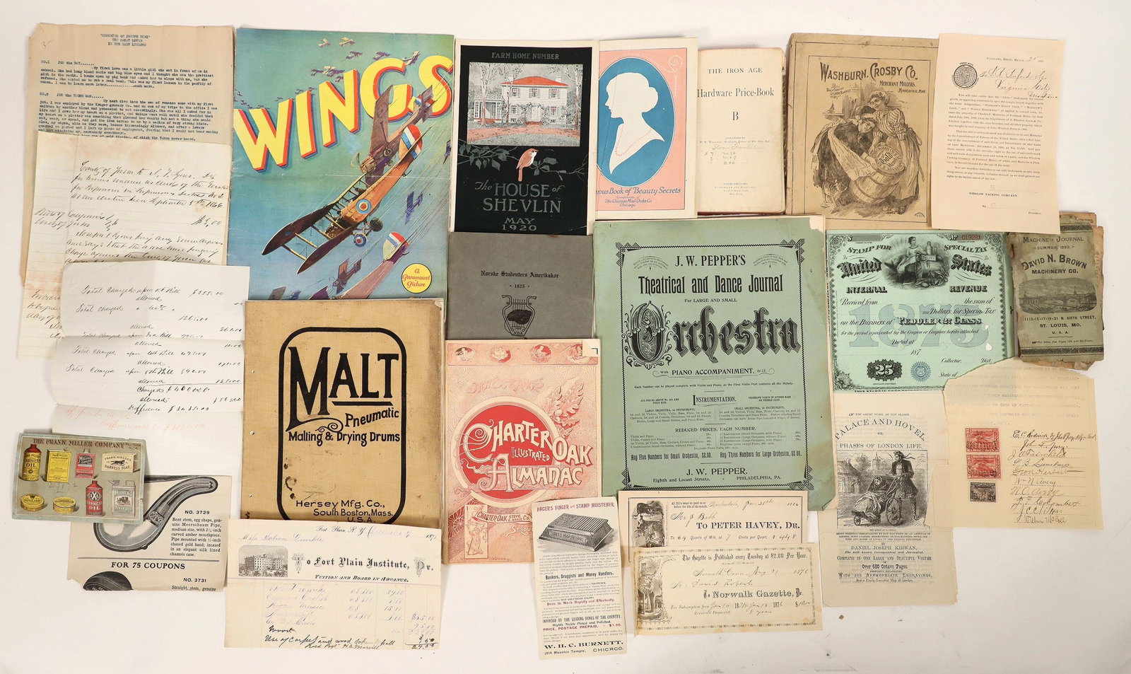 American Ephemera Grab Bag [189446]: Assorted US ephemera. Iron Age Iron price book with entries, machinery catalog, 1925 Norway American musical program with bleed thru, assorted brochures, 1898 Charter Oak Almanac, Hersey Malt Pneumati