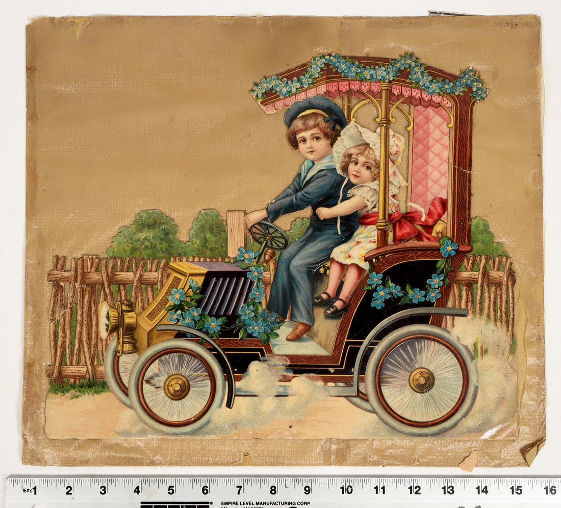 Antique Car with Boy & Girl Large Diecut [196677]: Diecut of an antique car with a boy and girl. 11.5x14". Mounted on a thick paper backing. ^Date: Country (if not USA): State: City: Provenance: