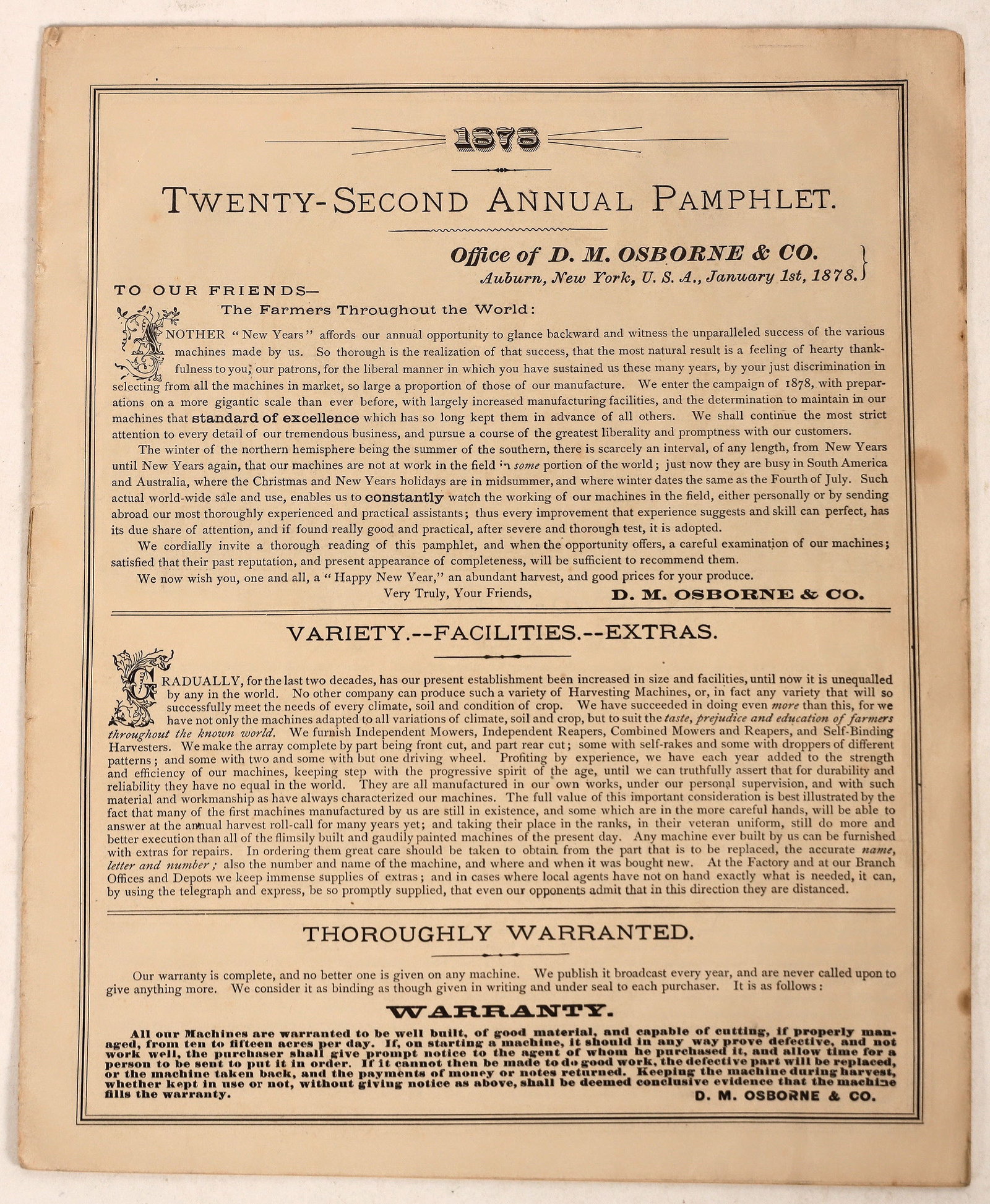 Farm Equipment Catalog, 1878 [189184]: 1878 D M Osborne farm equipment catalog. 16pp with equipment illustrations.^Date: Country (if not USA): State: City: Provenance: