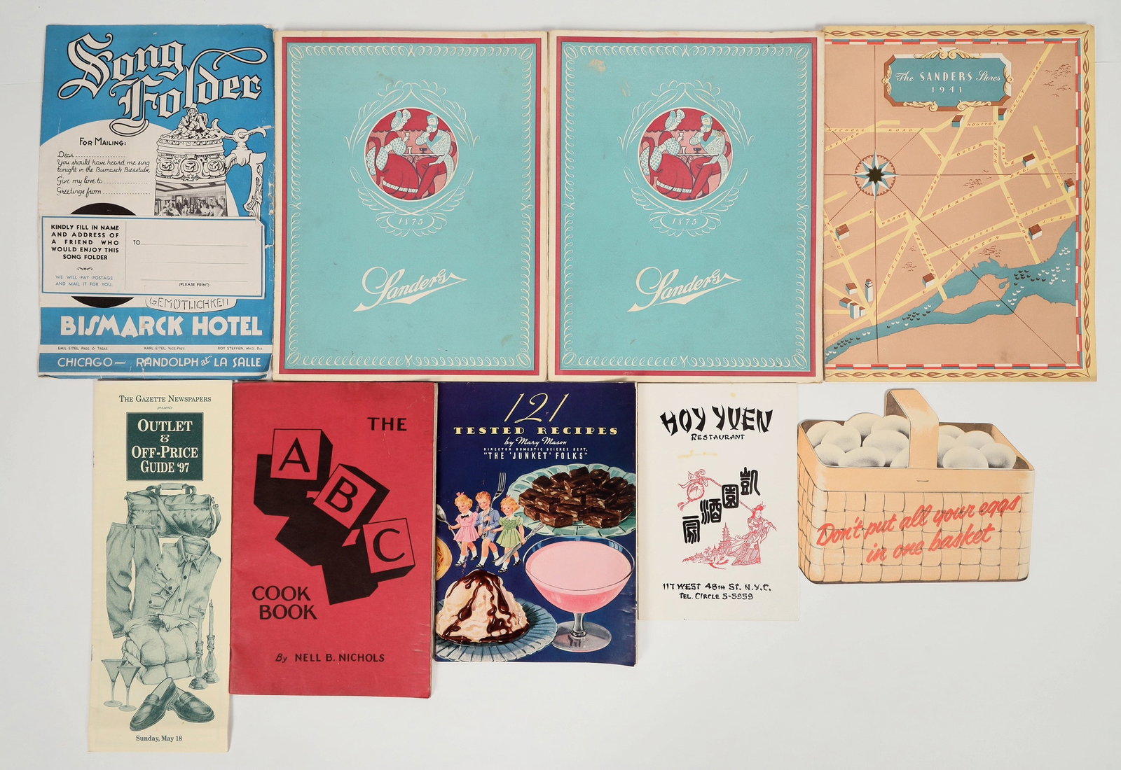 Vintage Menus, Recipes & Ephemera [202291]: Ephemera group of vintage menus from around the country (New York, Chicago, Detroit), plus a Reno Gazette Journal Outlet booklet, and a Detroit Bank flyer card. The menus from Sanders Family Restauran