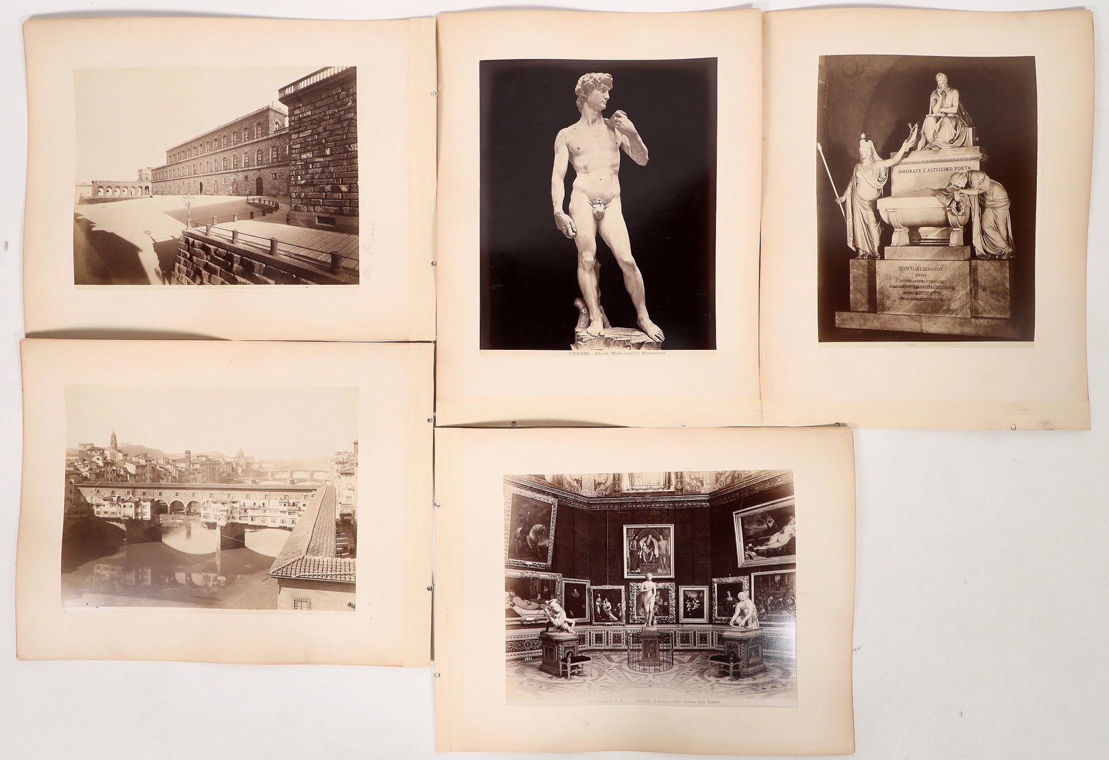 Florence, Large Professional Antique Photos, 10 [193535]: 10 large Florence professional photos with some pencil inscriptions below. No photographer noted. 7.25x10", mounted on both side of album page. Dante sculpture, Marcato Vecchio, sculpture area, bridge