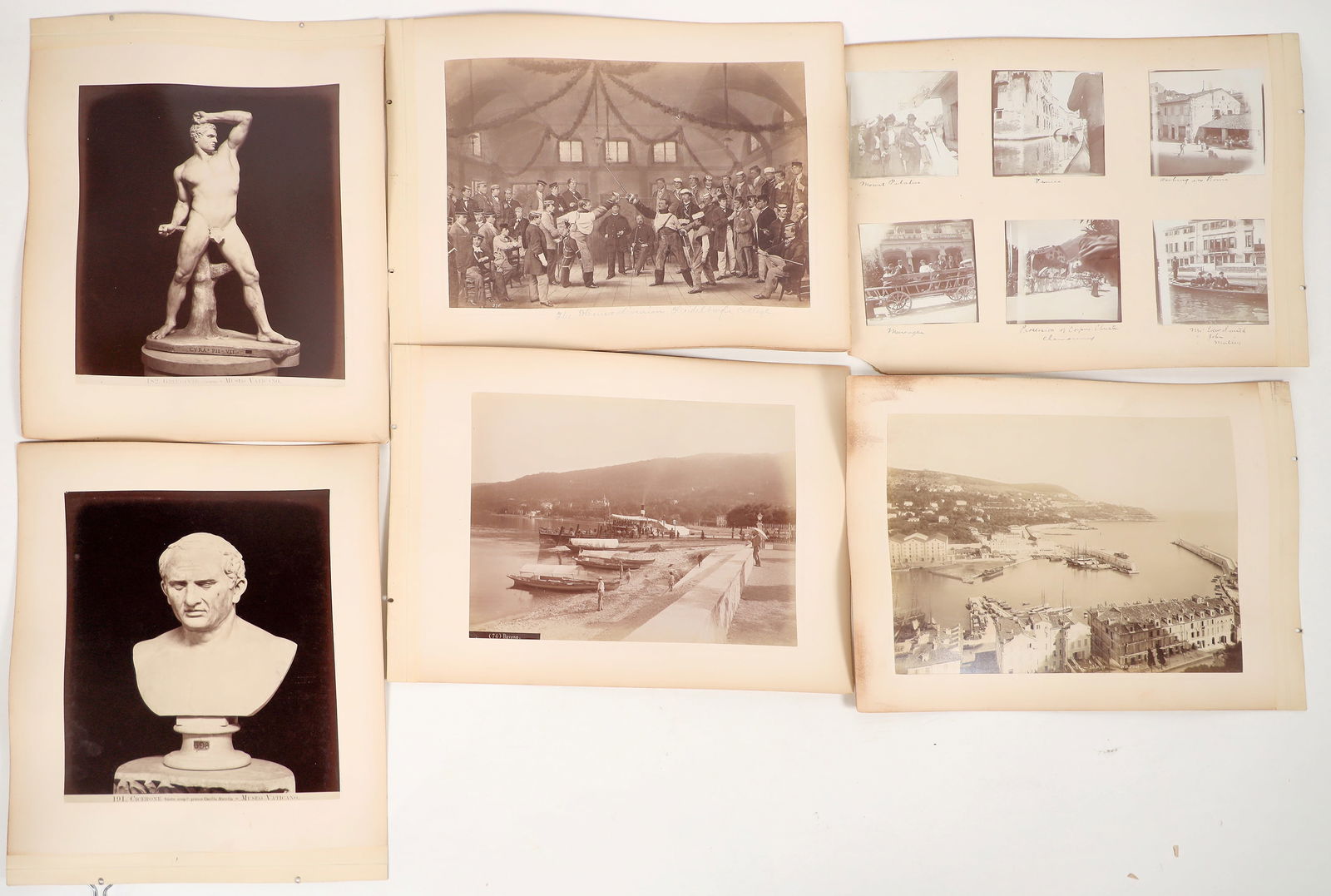 Italy, Professional Antique Mostly Large Photo Group [193533]: 12 large c. 1900 Italy professional photos, no Venice or Florence, with some pencil inscriptions below. No photographer noted. 7.25x10", mounted on both side of album page. Market place, seaside bay,