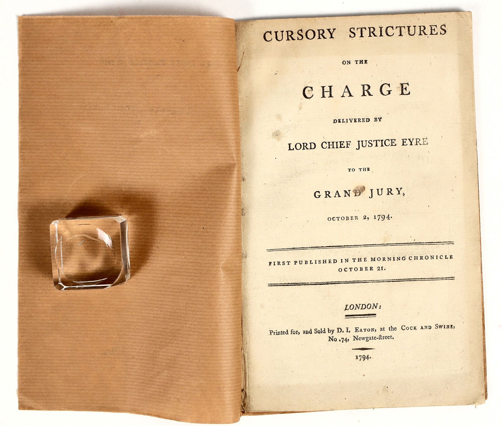 English Court Opinion By Justice Eyre Regarding High Treason [201396]: An Account of the opinion by Chief Justice Eyre to the Grand Jury regarding charges of high treason by two men in 1794 , based upon English Constitution and the act 25 Edward III. 52 pgs. In good, but