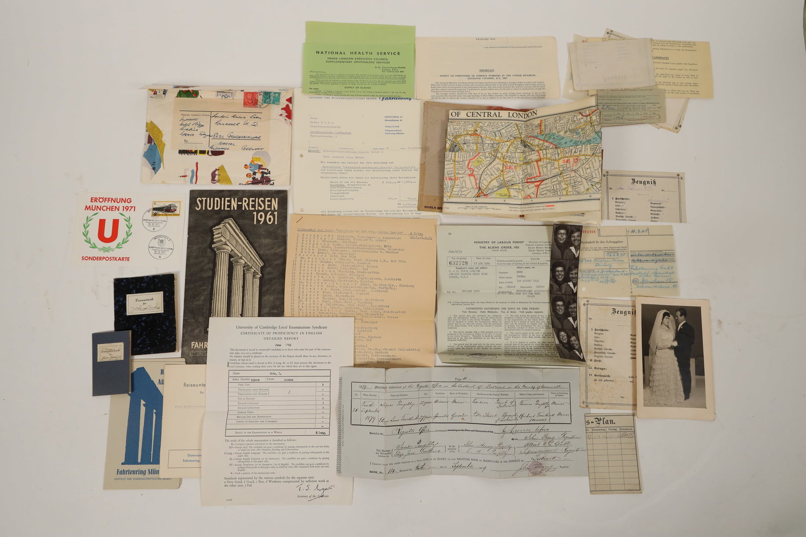 Foreign Ephemera, 1879-1970s (20+) [190105]: Group of ephemera from Europe (20+), mostly from England, some Germany, c1879-1970s. Includes: Cornwall County, England 1879 marriage certificate; education and health certificates; photographs; Minis