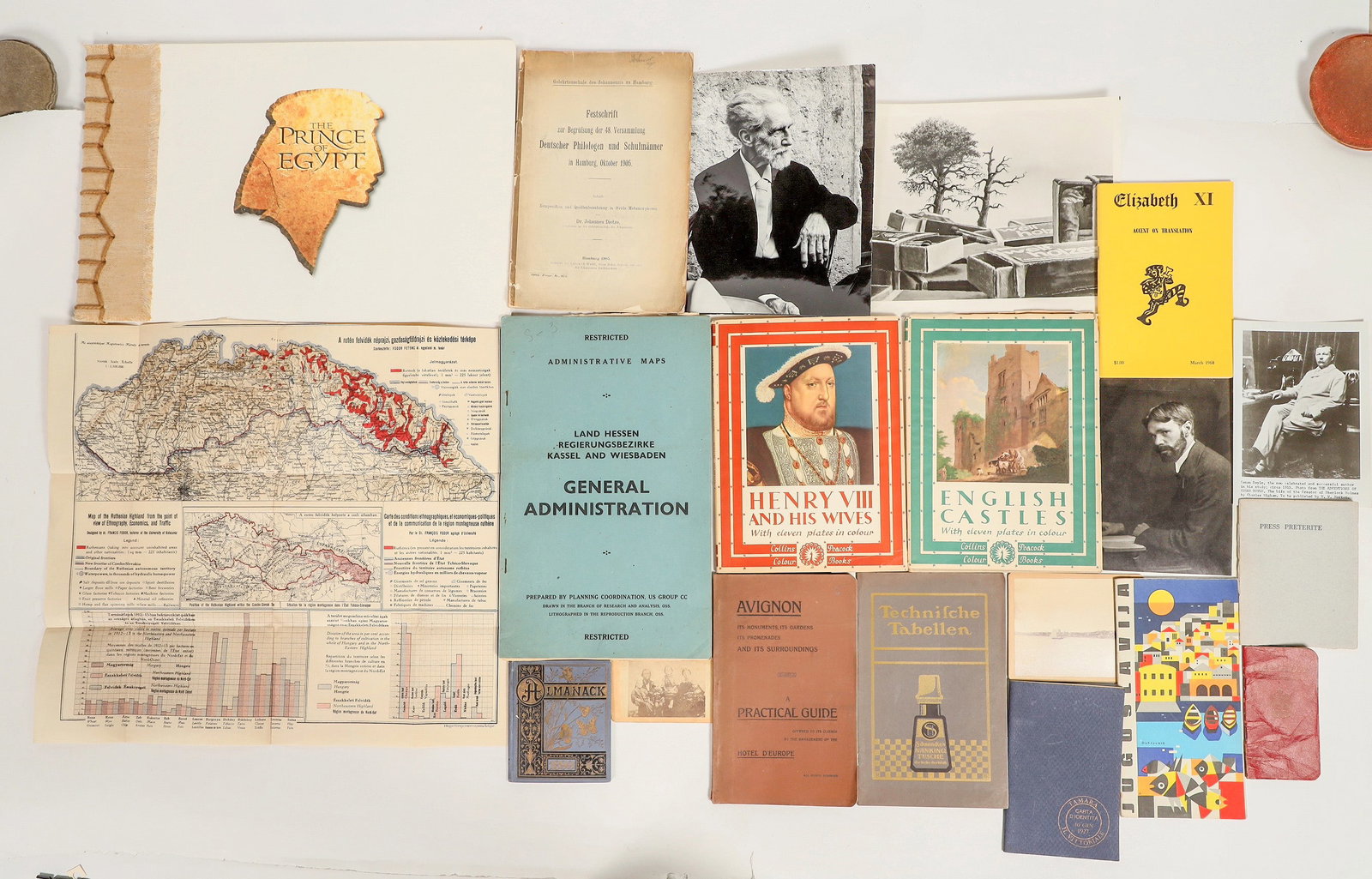 Foreign Grab Bag [199620]: Lot of 15+ . Book on the animated movie "The Prince Of Egypt". Maps of Bavaria, Hungary. Booklets of English Castles, Henry VIII, , road maps, phot of Conan Doyle. other photos and books. ^Date: 1920-