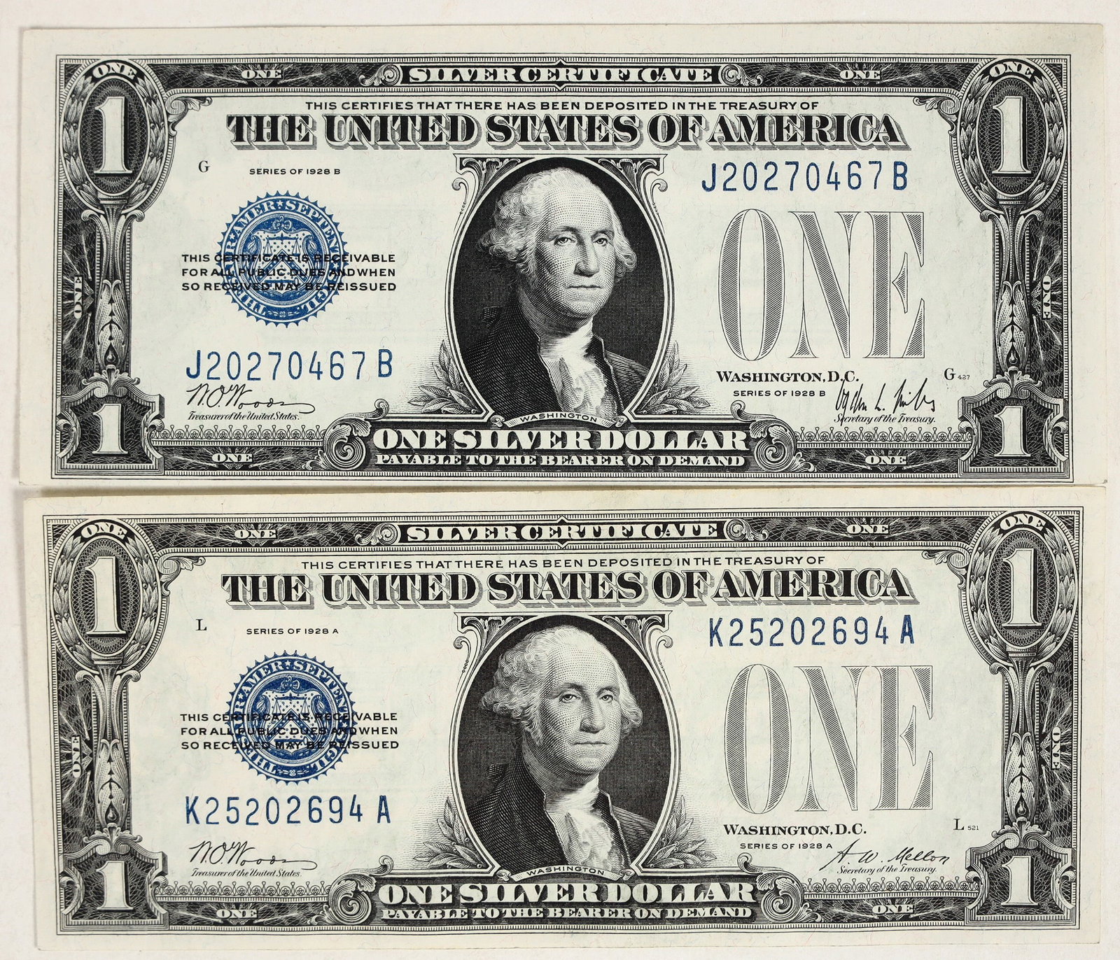 $1 Silver Certificates Series of 1928 (2) [200542]: Two one dollar silver certificates: Series of 1929 A (AU condition) and Series of 1929 B (Crisp uncirculated). ^Date: Country (if not USA): State: City: Provenance:
