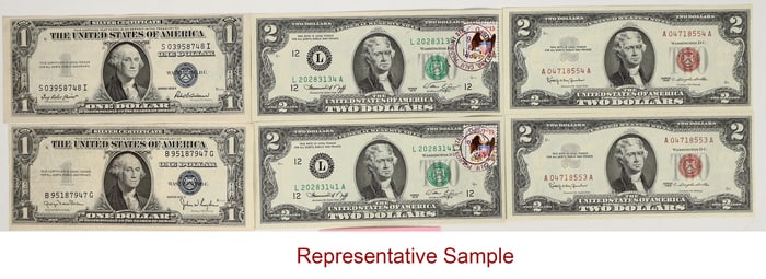 U.S. Currency Group: $1 (5) & $2 (29) [202083]
