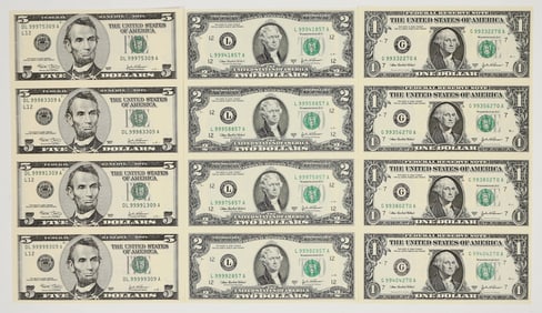 Uncut U. S. Currency $1,2 & 5 Four Note Sheets [202027]
