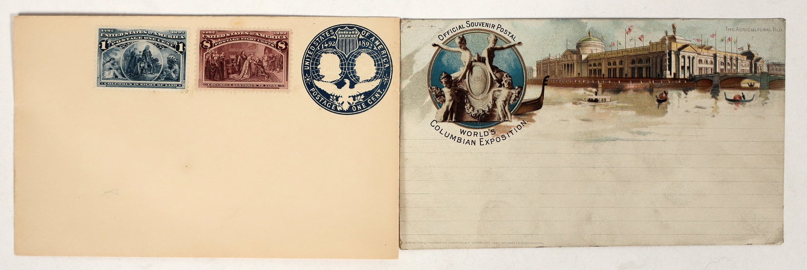 Columbian Expo Pioneer Postcards [202414]: Lot of 2. One post cards w/ full color Agricultural Bldg. drawing and one cover w/1c imprinted stamp, one 8c and one 2c Columbus stamps, not cancelled or postmarked ^Date: 1893Country (if not USA): St