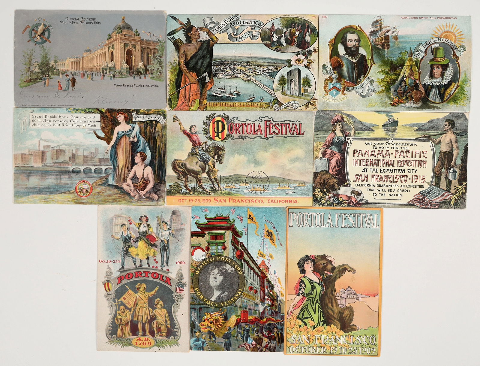 Expo, Festival, & World Fair Postcards (9) [201856]: Panama-Pacific International Expo, S.F. 1915; Cap. John Smith & Pocahontas; Portola Festival, S.F. Oct 19-23, 1909 (4 different); Grand Rapids Home Coming & 60th Anniversary Celebration, Aug 22-27, 19