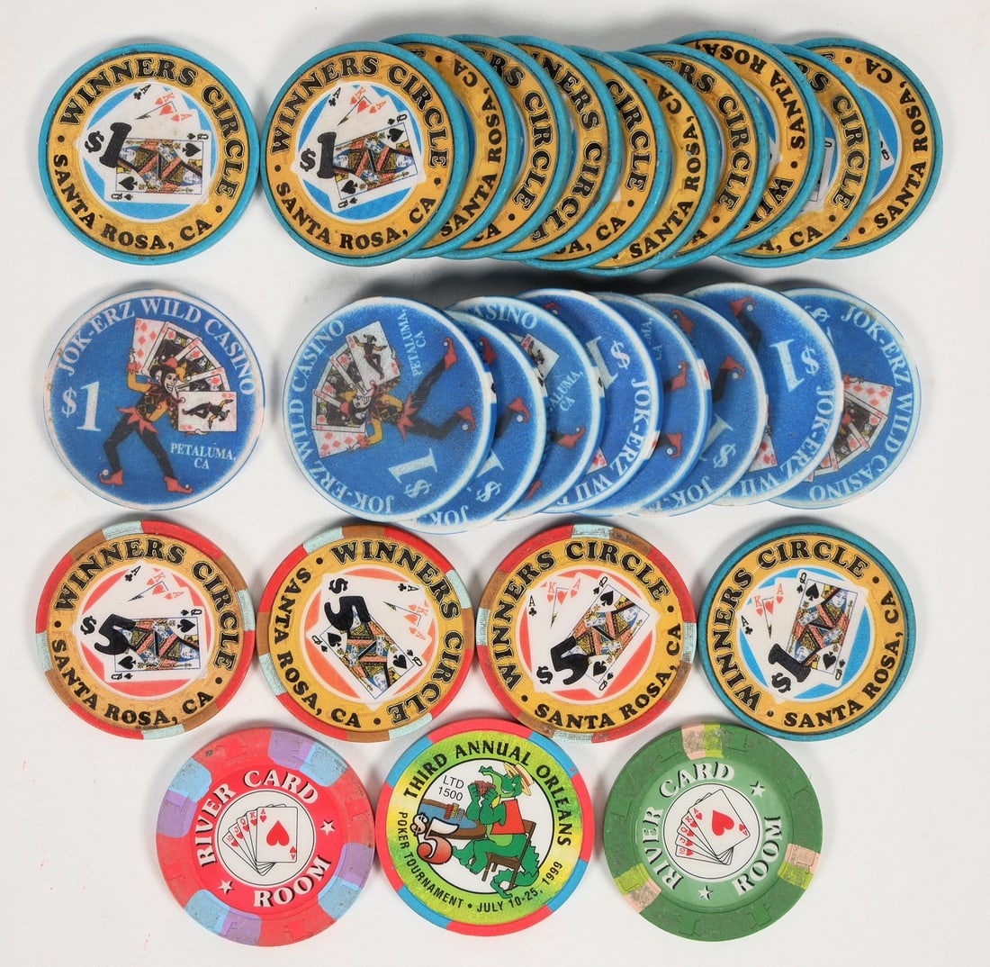 California Poker Room Gaming Chip Collection (27) [201883]: Twenty seven vintage poker chips from California card rooms: River Card Room $1 & $5; 1999 Third Annual Orleans Poker Tournament; Winners Circle Santa Rosa: three $5; twelve $1; Jok-erz Wild Casino, P