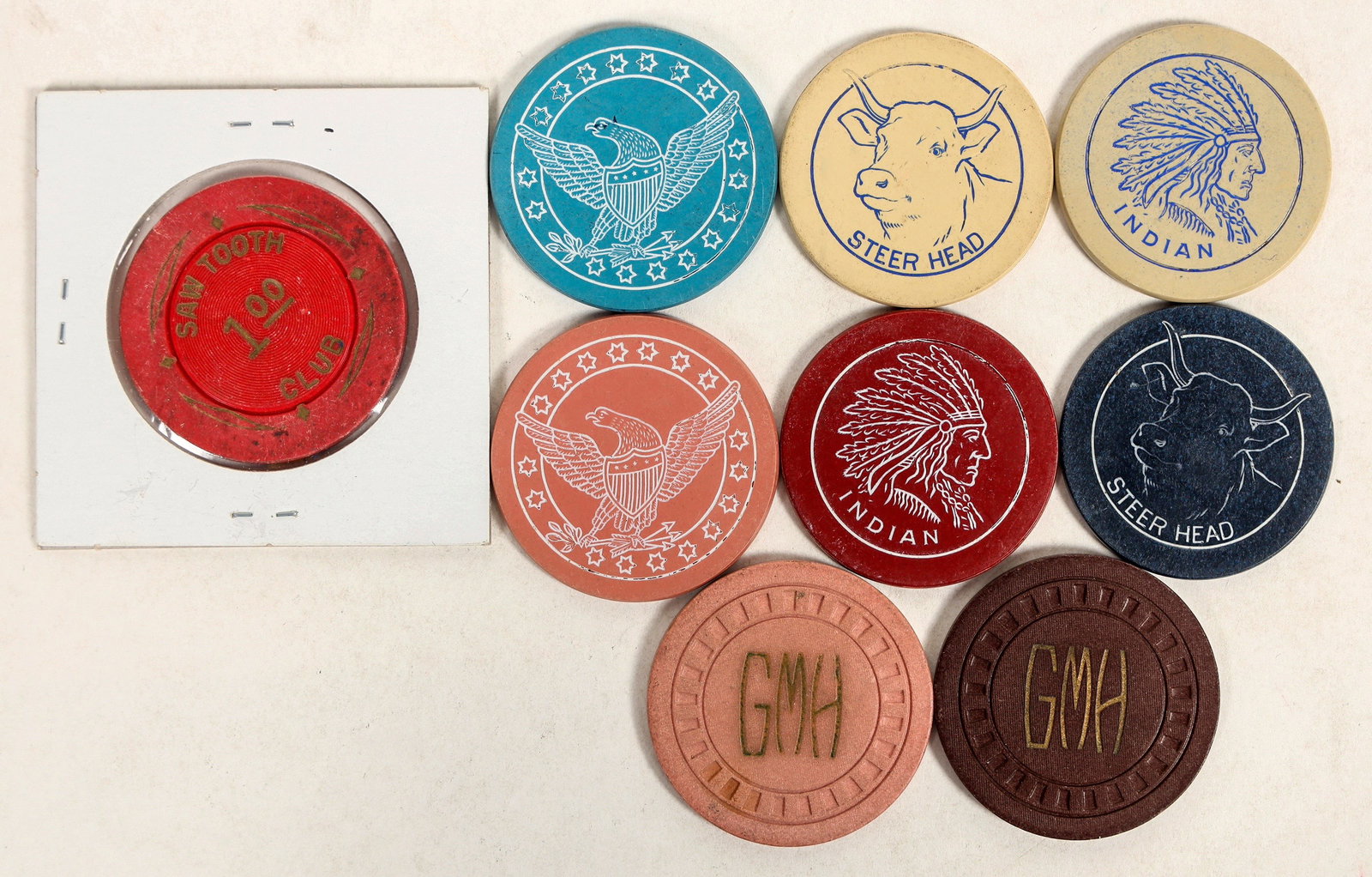 Poker Chip Collection (89) [200438]: Eight nine vintage poker chips. Many Steer Head, and Indian chips. $1 casino chip from the Saw Tooth Club, Ketchum Idaho.^Date: Country (if not USA): State: City: Provenance: