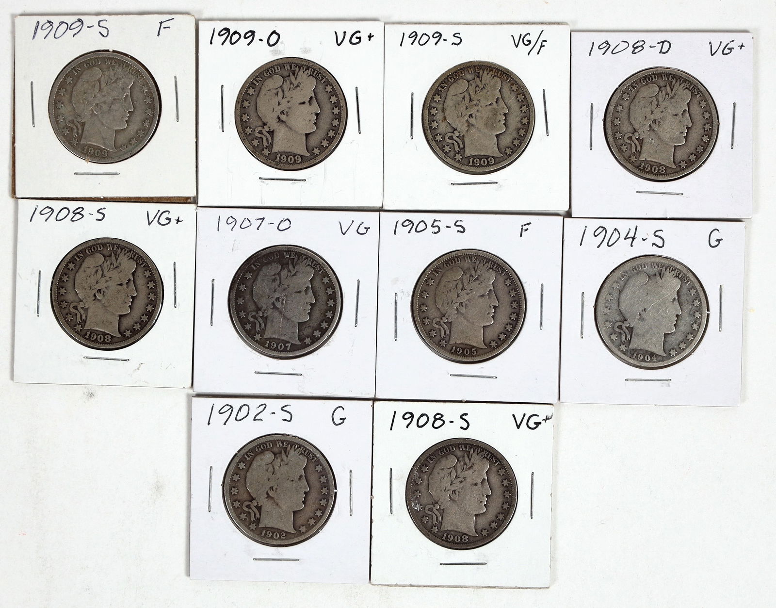 Barber Half Dollars (10) [201347]: Ten Barber half dollars: 1902-S (G); 1904-S (G); 1905-S (F); 1907-O (VG); 1908-S (VG); 1908-S (VG); 1908-D (VG); 1909-S (VG); 1909-S (F); 1909-O (VG).^Date: Country (if not USA): State: City: Provenan
