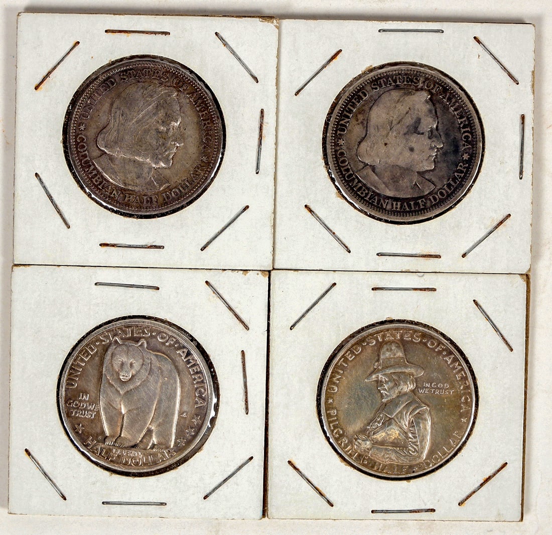 Commemorative Half Dollars (4) [202076]: Four U. S. commemorative half dollars: 1893 Columbian Exposition (2: VF-EF); 1920 Pilgrim (VF-EF); 1936 San Francisco Oakland Bay Bridge (EF-AU).^Date: Country (if not USA): State: City: Provenance: