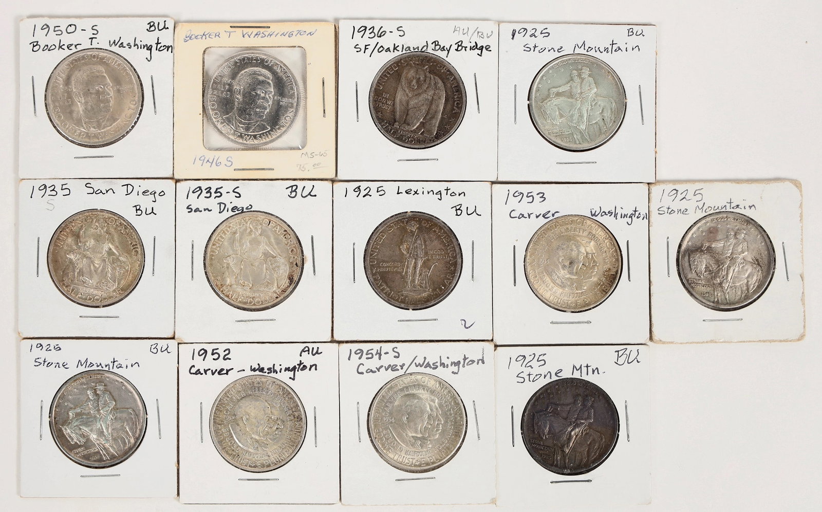 U. S. Commemorative Half Dollars (13) [201323]: Group of 13 commemorative half dollars: 1925 Lexington (BU); 1925 Stone Mountain (4: AU-BU); 1935-S San Diego (2: BU); 1936 Bay Bridge (AU); 1946-S Booker T. Washington (BU); 1950-S Booker T. Washingt