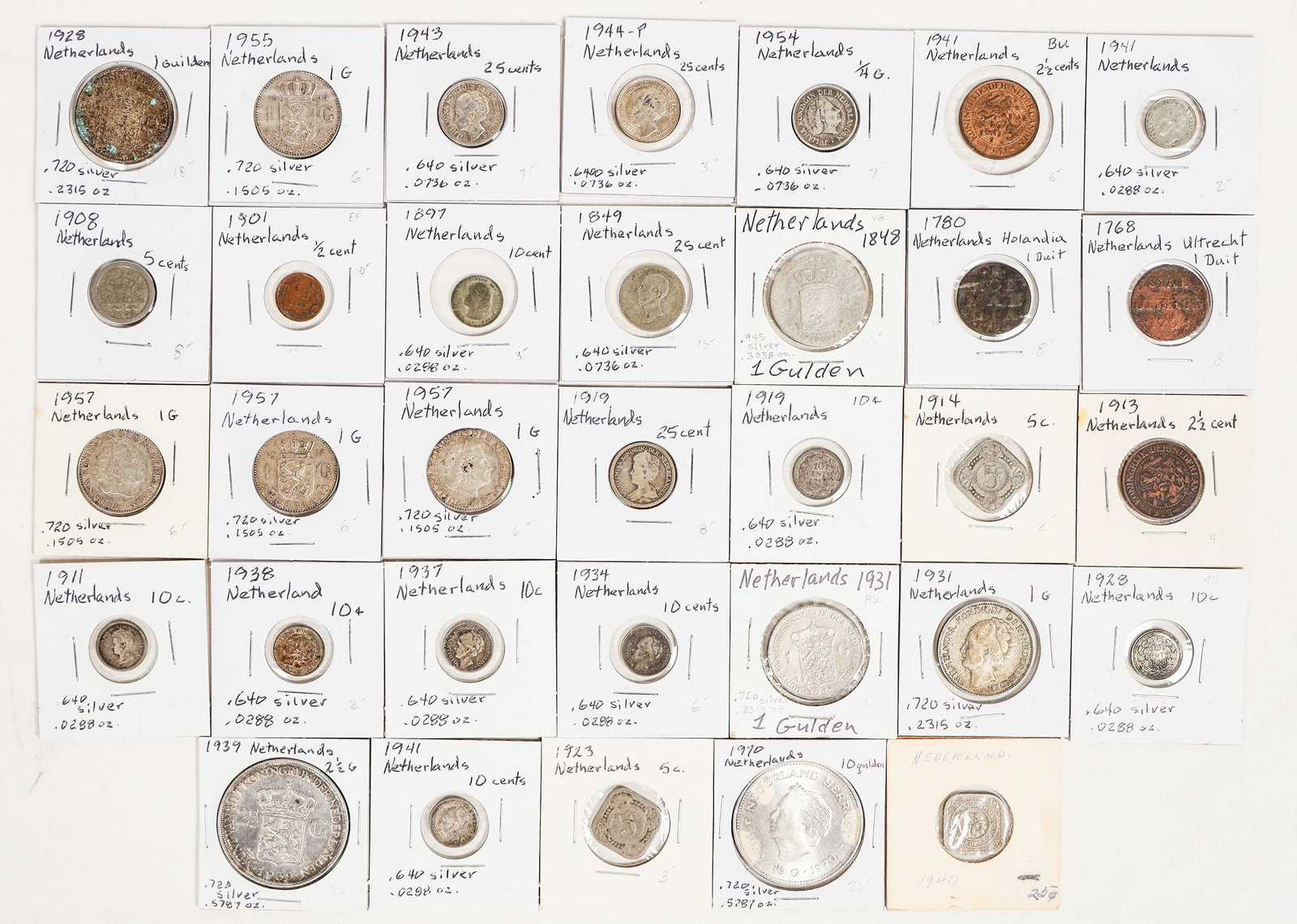 Coins of Netherlands (33) [200380]: 33 Coin collection from the Netherlands (1768-1970): 1768 Ultrecht 1 duit; 1780 Holandia 1 duit; 1848 1 gulden; 1849 25 cent; 1897 10 cent; 1901 1/2 cent; 1908 5 cent; 1911 10 c.: 1913 2 1/2 cent; 191
