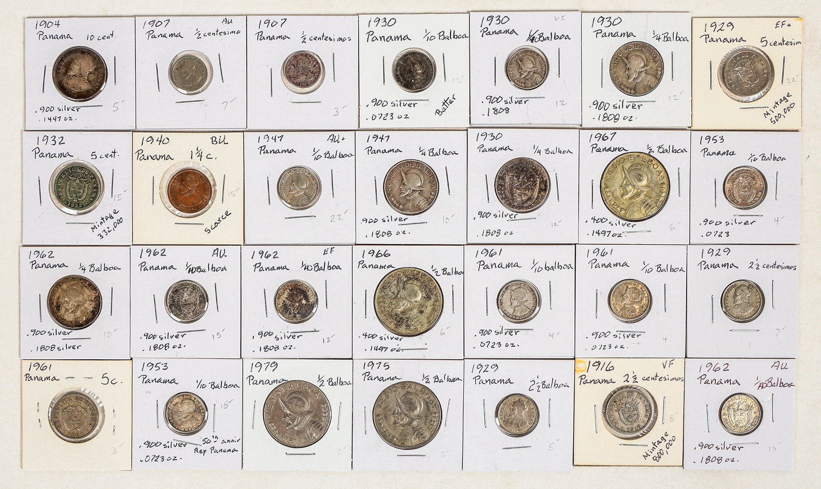 Coins of Panama 1904-1979 (28) [200389]: Twenty eight coins from Panama: 1904 10 c.; 1907 1/2 c. (2); 1916 2 1/2 c.; 1929 5c.; 1929 2 1.2 Balboa (2); 1930 1/4 Balboa (2); 1930 1/10 Balboa (2); 1932 5c.; 1940 1 1/4c. (scarce; AU-BU); 1947 1/1