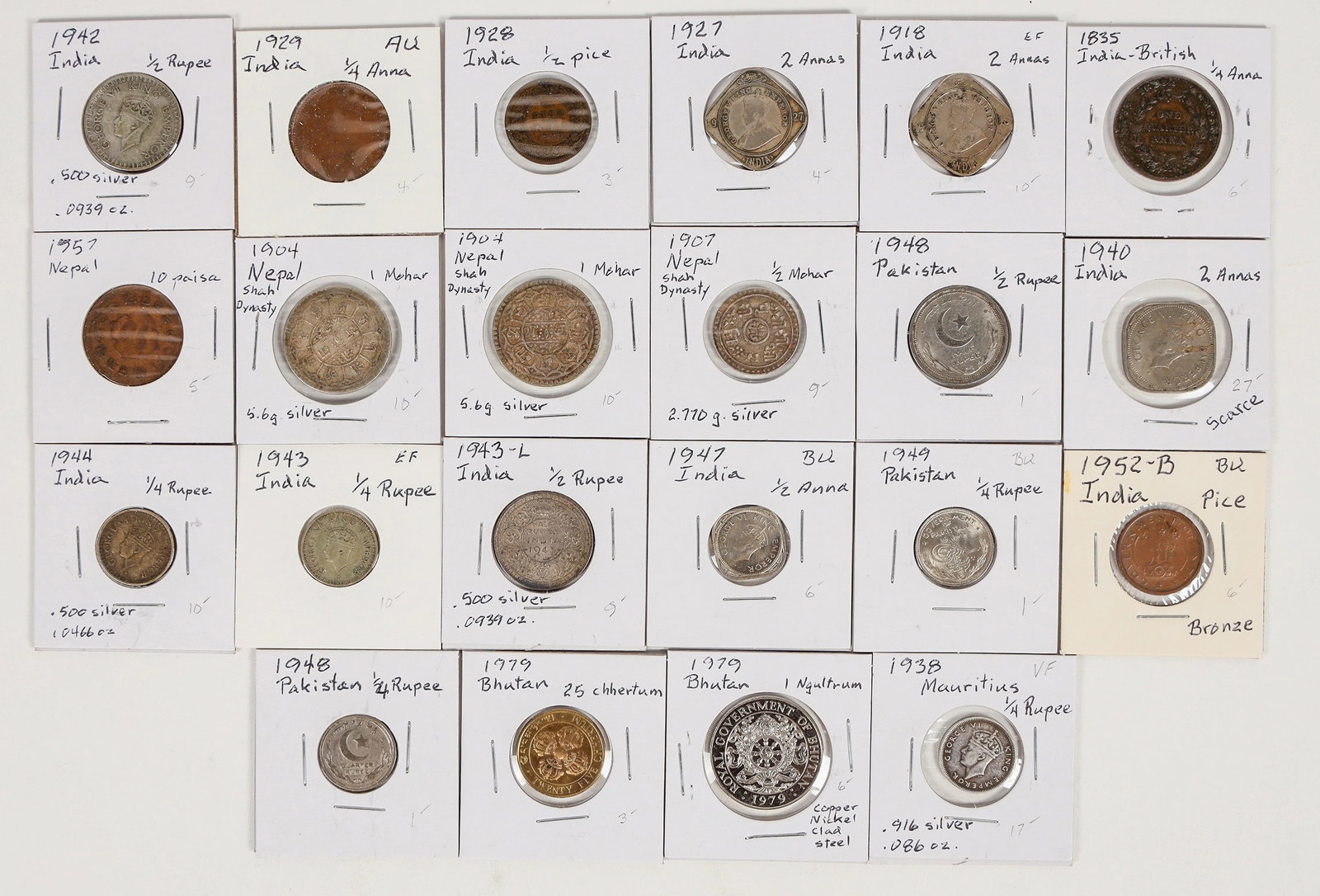 Coins from Countries near India (22) [201025]: Four countries south of the Himalayas: Bhutan: 1979 1 Ngultrum; 1979 25 chhertum. Pakistan: 1948 1/4 rupee; 1948 1/2 rupee; 1949 1/2 rupee. Nepal: 1904 1 mohar (2); 1907 1/2 mohar; 1957 10 paisa. Indi