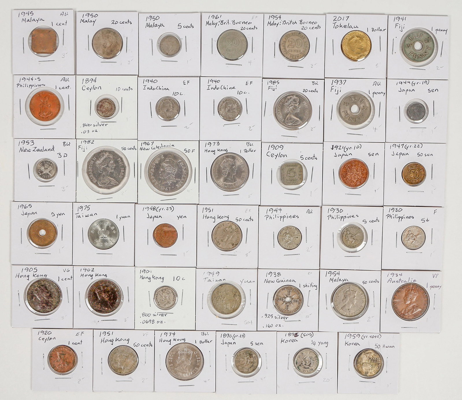 Coins of the Pacific (41) [201033]: Coins from 13 countries around the Pacific Ocean. New Zealand: 1953 3 pence. Fiji: 1937 1 penny; 1941 1 c.; 1982 50c.; 1985 20c. Indochina: 1940 10c. (2). Ceylon: 1894 10c.; 1909 5c. 1920 1c. New Cale