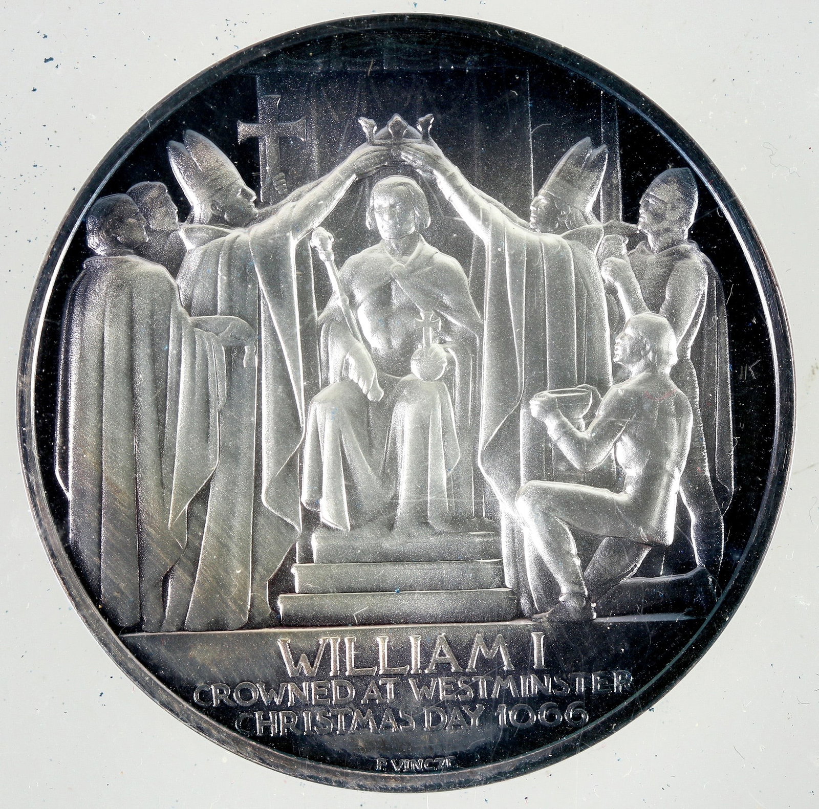 William I Silver Proof Medal [182156]: The Britannia Commemorative Society commissioned sculptor Paul Vineze to create this medal to commemorate the 900th anniversary of the coronation of William I. (William The Conqueror) (1066--1966) Enc