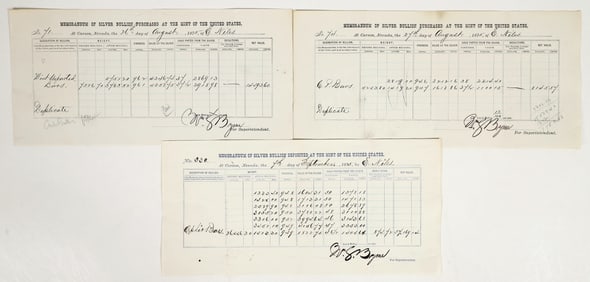 Rare 1870s Carson City Mint Silver Bullion Memorandums for Comstock Mine Deposits [201532]