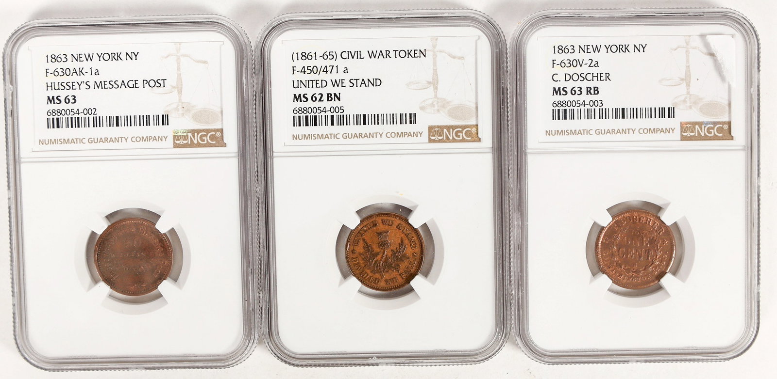 Mint State Civil War Store Cards (3) [202013]: Three NGC graded Civil War store cards: 1) C. Doscher New York; F-630V-2a; MS 63 RB. 2) United We Stand; F-450/471 a; MS 62 BN. 3) Hussey's Message Post New York; F-630AK-1a; MS 63.^Date: Country (if 