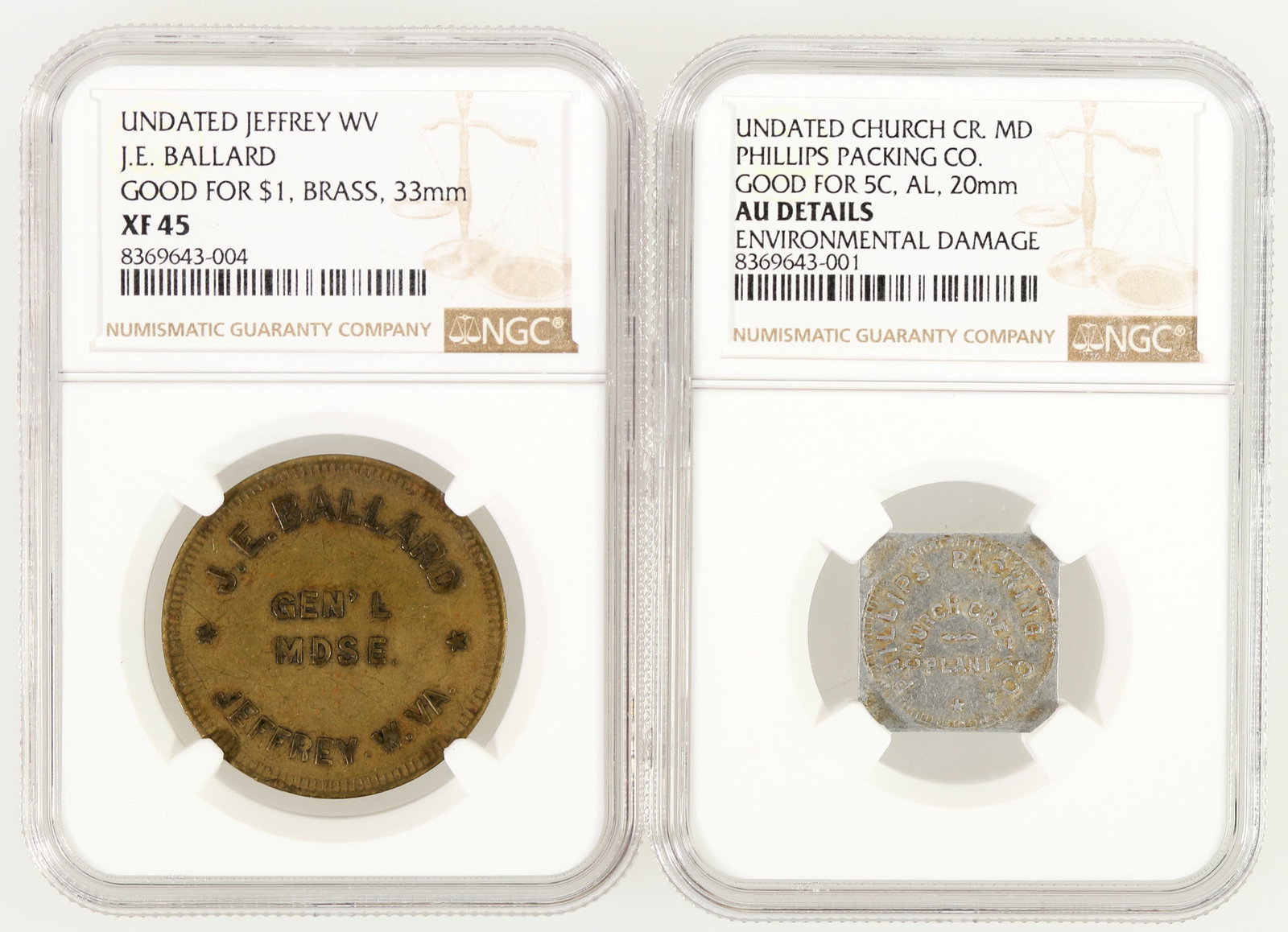 Maryland/West Virginia Tokens (2) [202443]: Two NGC graded tokens: 1) AU Details environmental damage: the only token listed from Church Creek, Maryland. PHILLIPS PACKING CO. / CHURCH CREEK / PLANT //5; Al., Sq., 19 mm. 2) XF 45: J.E. BALLARD /
