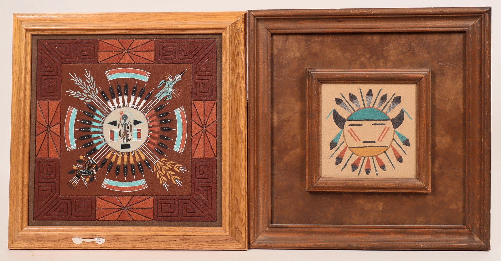Navajo Sand Paintings [181029]: (2) Native American Navajo Sand Paintings with intricate designs, wooden frame. 14.5 x 14.5 inches.^Date: Country (if not USA): State: City: Provenance: