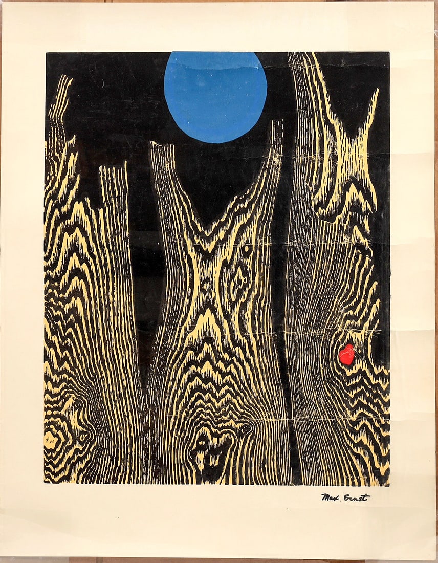 Print "Bois et La Luna Bleue" [198733]: Max Ernst (German, 1891-1976), "Bois et la Lune Bleue" [Trees and the Blue Moon], Lithograph in Colors, signed in plate lower right Print measures 28.5 x22.5 on protective cover 25 x32 ". There are 5