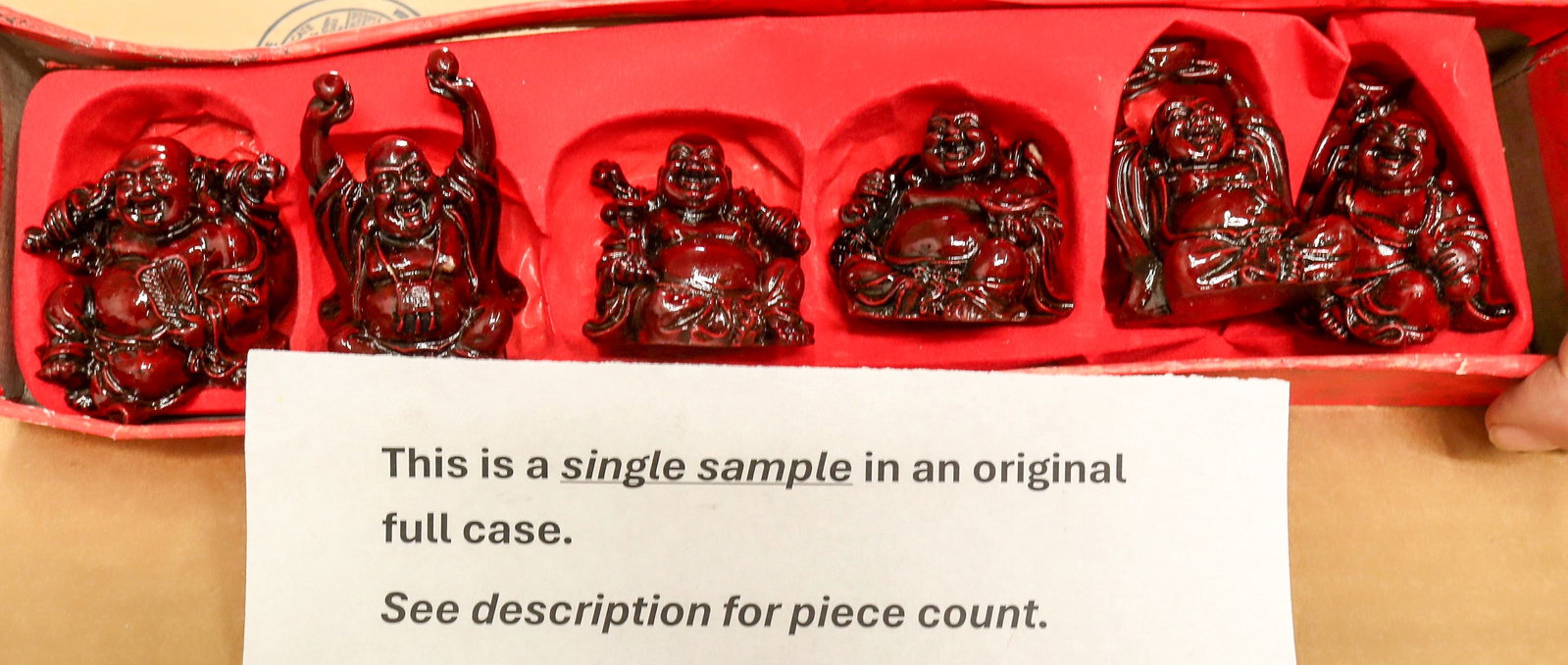 Resin Buddha Sets of 6, 60 [196143]: 60 sets of resin Buddha's with 6 2.5x1.75" figures in original boxes. These items have been in storage for 20 years and have not been inspected. Sold as is.^Date: Country (if not USA): ChinaState: Cit
